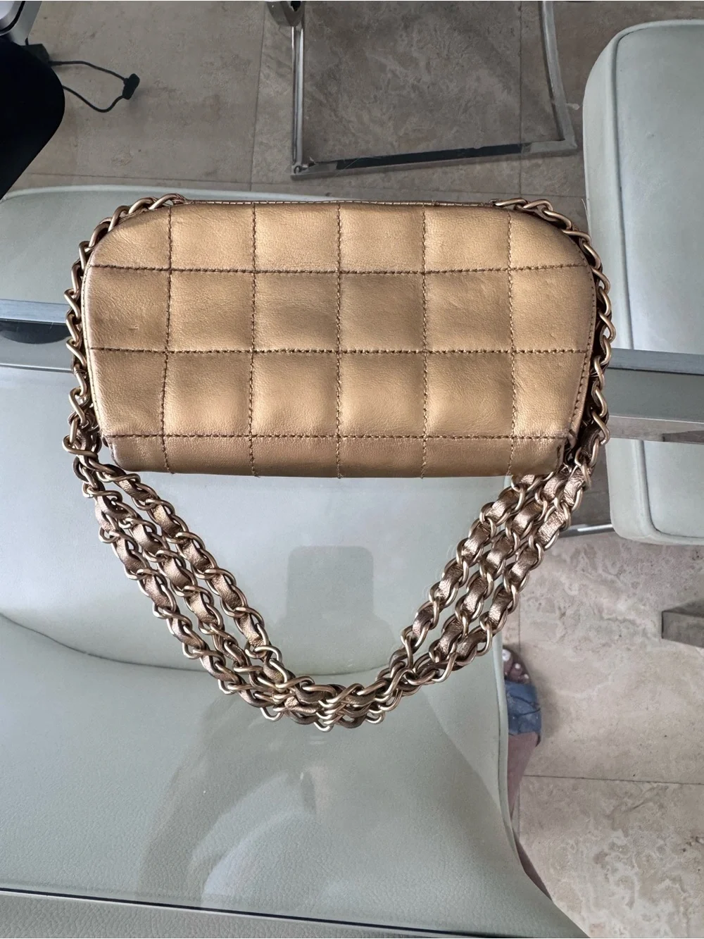 CHANEL Vintage 2003-2004 Quilted Metallic Gold Evening Bag with Chain Strap